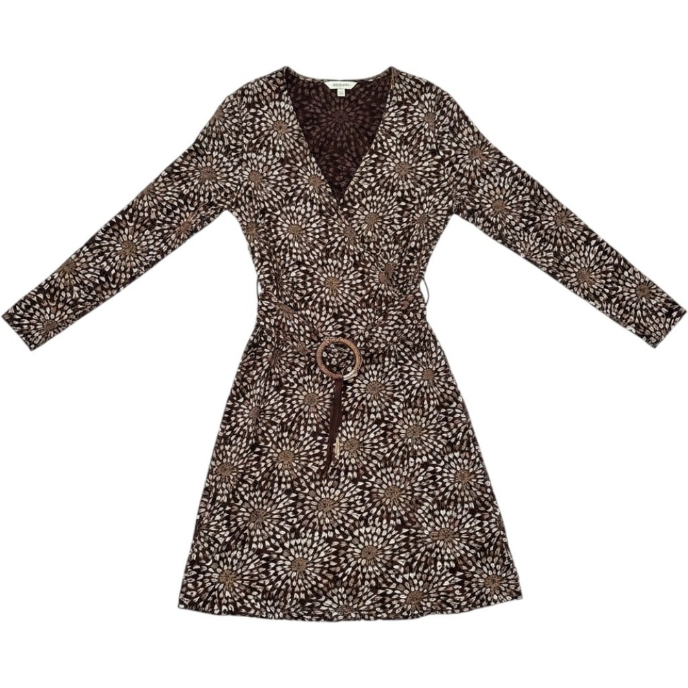 Marks & Spencer Wrap Dress UK 16 US L Brown Floral Burst O-Ring Midi Boho Chic